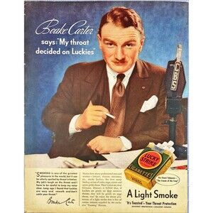 Lucky Strike Cigarettes "Boake Carter says My Throat Decided" Vtg Print Ad 1937